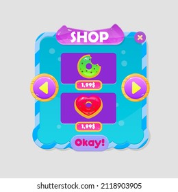 Game UI Window Shop Double Donuts Price Blue Sky Turquoise Purple Bubbles Sea Liquid Theme Borders Header Sweet Soft Cute Colorful Cartoon Vector Design