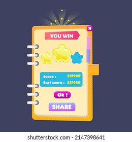 Game UI Window  You Win Copy Book   Right Bookmarks Header Sticker  Note Pad Cooking Cute Cartoon Orange Beige Vector Design