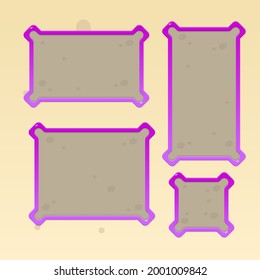 Ventanas De La Interfaz De Usuario De Juego Fijaron Caricatura Jugosa Y Colorida Con Ángulos Cuadrados Con Bordes En Color Púrpura Marrón   Diseño de vectores
