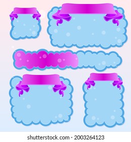 Game UI Windows Set Glamour Juicy Colorful Cute Cartoon Bubbles Clouds  With Borders In Pink Purple  Blue Sky  Color  With Ribbon Header  Vector Design