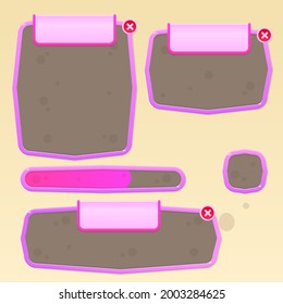 Game UI Windows Set Glamour Juicy Colorful Cute Cartoon With Protruding Corners With Borders In Pink Purple  Color With Header And Close Button    Vector Design