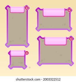 Game UI Windows Set Glamour Juicy Colorful Cute Cartoon With Square Angles With Borders In Brown Purple  Color  With Header And Close Button Vector Design