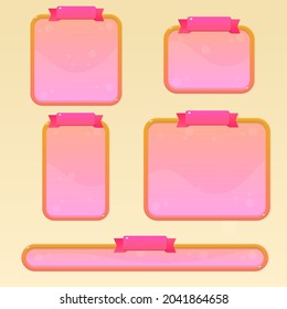 Game UI Windows Set Glamour Juicy Colorful Cute Cartoon Farm With Rounded Header With Borders In Orange Pink Beige Color Ribbon Header  Vector Design