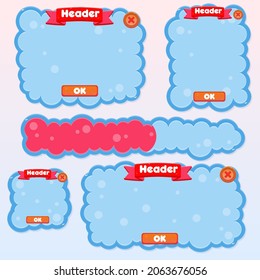 Game UI Windows Set Glamour Juicy Colorful Cute Cartoon Bubbles Clouds  With Borders In Pink Purple  Blue Sky  Color  Red Header And Ok Button Vector Design
