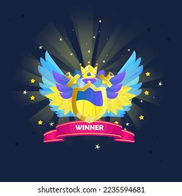 Game UI Winner  Reward Pop Up Yellow Blue Sky Fantasy Brave Warriors Icon Shield And Golden Swords With Blue Yellow Gems Kingdom With Blue Sky Wings Cute Cartoon Colorful Vector Design