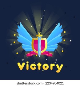 Game UI Winner Victory  Reward Pop Up Yellow Blue Sky Fantasy Brave Warriors Icon Shield And Golden Sword With Blue Yellow Gems Kingdom With Blue Sky Wings Cute Cartoon Colorful Vector Design