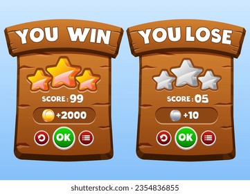 Game UI Wooden Board With Scores, WinLose Banners, Stars, gold coin, silver coin, and Buttons