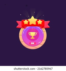 Game UI Wooden Rounded Pop Up Window Game UI Reward Stars Crown Ribbon Cup Cute Cartoon Colorful Pink Purple Vector Design