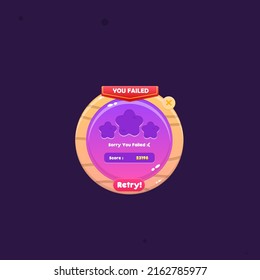 Game UI Wooden Rounded Pop Up Window You Failed Red Flag Header  Cute Cartoon Colorful Pink Purple Vector Design