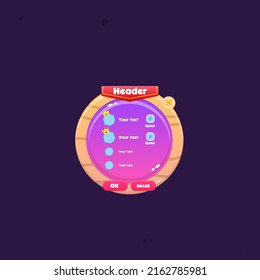 Game UI Wooden Rounded Pop Up Window Rating Chart With Blue Windows And Four Items Vertical  Vertical Red Flag Header  Cute Cartoon Colorful Pink Purple Vector Design