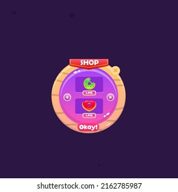 Game UI Wooden Rounded Pop Up Window Shop Double Donuts Price Red Flag Header  Cute Cartoon Colorful Pink Purple Vector Design