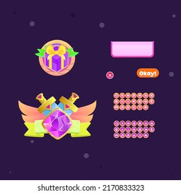 Game UI Wooden Rounded Pop Up Window  Wooden Leaf Purple Pink Cartoon Icon Gift Pop Up Badge Two Swords Ribbon Gem Wings  Buttons Set Cute Cartoon Colorful Pink Purple Vector Design