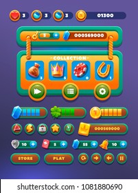 	
Game ui wooden set. Complete menu of graphical user interface GUI to build 2D games