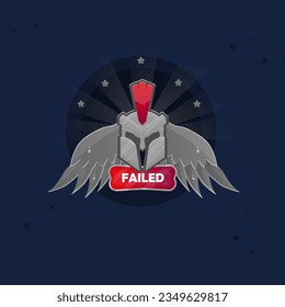 Game UI You Failed Badge Red Spartan Helmet Wings Silver  For RPG Games Cute Cartoon Colorful Vector Design