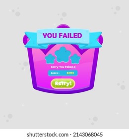 Game UI You Failed Crown Icon Silhouette Window Pop Up With Button And Header Pink Purple Cute Cartoon  Vector Design