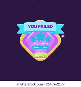 Game UI You Failed Diamond Icon Window Pop Up With Button And Header With Golden Borders Pink Purple Cute Cartoon  Vector Design