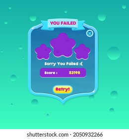 Game UI You Failed Pop Up Window  For Casual Games In Blue  Vintage Style  Cute Cartoon Colorful Vector Design