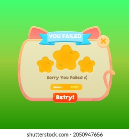 Game UI You Failed Pop Up Window Buttons In Cartoon Cat Colorful Cute Style For Casual Games Vector Design
