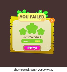 Game UI You Failed Pop Up Window Stone Age  With Buttons Wood Grass Nature Beige Orange  Cute Cartoon Style Vector Design