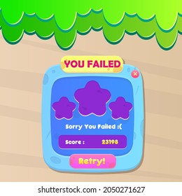 Game UI You Failed Set Stone Age Nature Pop Up Window Buttons Cute Cartoon Colorful Vector Design