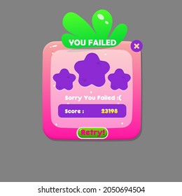 Game UI You Failed Strawberry Pink Window  For Games With  Buttons Orange Green Game UI Cartoon Cute Vector Design