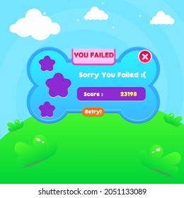 Game UI  You Failed Window Pop Up Blue Dog Bone With Header And Buttons  Cute Cartoon  Pet Farm For Gasual Games  Blue Sky Grass Heaven Clouds  Nature Style Cute Colorful Cartoon Vector Design