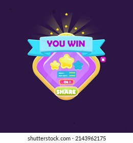 Game UI Sie gewinnen Diamond Icon-Fenster Pop Up mit Button und Kopfzeile mit goldenen Grenzen rosa violett Cute Cartoon Vektordesign