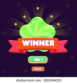 Game UI  You Win Pop Up Badge Gold Stars , Turquoise Green Star Circle And Red Ribbon For Games Cute Cartoon Style Vector Design
