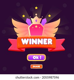 Interfaz De Usuario De Juego Ganar Pop Up Badge Gold Stars , Wings Crown Crystals Circle Y Red Ribbon Para Juegos Cuidados Estilo De Caricatura Vector Diseño