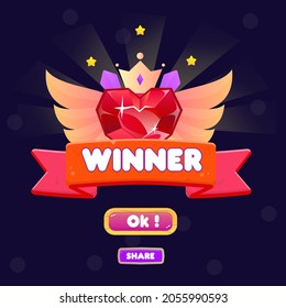 Game UI You Win Pop Up Badge Gold Stars , Wings Crown Crystes Gem Heart und Red Ribbon für Spiele Cute Cartoon Stil Vektordesign