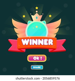 Game UI  You Win Pop Up Badge Gold Stars , Wings Crown Blue Cat Style Blue Circle   And Red Ribbon For Games Cute Cartoon Style Vector Design