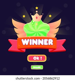 Game UI  You Win Pop Up Badge Gold Stars , Wings Crown Blue Green Star   And Red Ribbon For Games Cute Cartoon Style Vector Design