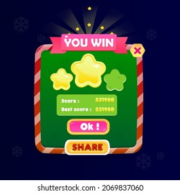 Game UI You Win Pop Up Window Christmas Snowflakes Pattern Green And Red Borders Winter Holidays Style Cartoon Vector Design