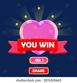 Game UI  You Win Pop Up Badge  Pink Heart Window And Red Ribbon For Games Cute Cartoon Style Vector Design