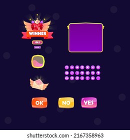 Game UI  You Win Pop Up Badge Gold Stars , Wings Crown Crystals Gem Heart  And Red Ribbon For Games Window , Icons And Buttons Cute Cartoon Style Vector Design