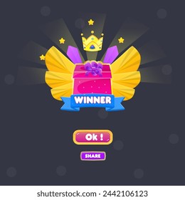 Usted Gana Pop Up Insignia Estrellas De Oro, Alas Corona Cristales Regalo Rosa Y Cinta Azul Para Los Juegos Lindo Estilo De Dibujos Animados Diseño Vectorial