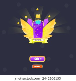 Spiel UI Sie gewinnen Pop Up Abzeichen Gold Sterne, Flügel Krone Kristalle Lila Geschenk und gelbes Band für Spiele Nette Cartoon-Stil Vektor-Design