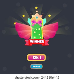 Usted Gana Pop Up Insignia Estrellas De Oro, Alas Corona Regalo Verde Y Cinta Roja Para Los Juegos Lindo Estilo De Dibujos Animados Diseño Vectorial