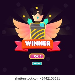 Game UI  You Win Pop Up Badge Gold Stars , Wings Crown Brown Gift And Red Ribbon For Games Cute Cartoon Style Vector Design