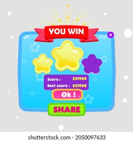 Game UI You Win Popup Window Buttons Set Blue Sky Star Theme Borders With Headers Sweet Soft Cute Colorful Cartoon Vector Design