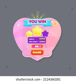 Game  UI You Win  Popup Window With Ribbon Header In Pink Heart Romantic  Fairy Abstract  Color Juicy Colorful Vector Design