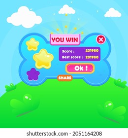 Game UI  You Win Window Pop Up Blue Dog Bone With Header And Buttons  Cute Cartoon  Pet Farm For Gasual Games  Blue Sky Grass Heaven Clouds  Nature Style Cute Colorful Cartoon Vector Design