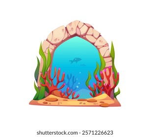 Game underwater sea portal, magic stone gate and door crafted from cracked stones with coral tendrils and seaweeds entwine the arch. Cartoon vector mystical gateway invites to explore aquatic realms