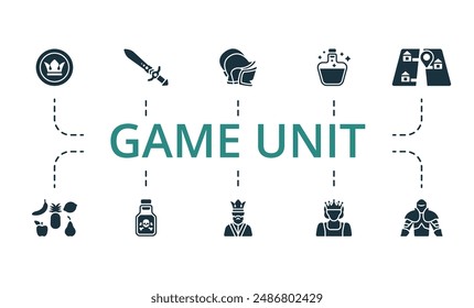 Game unit icon set. Creative icons: coin, sword, helmet, elixir, navigation map, fruit, poison, king, queen, knight.