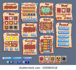 Game User Interface in cartoon style with basic buttons and functions, status bar, for creating game
