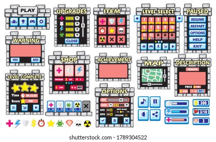 
Game User Interface in cartoon style with basic buttons and functions,
 status bar, with basic buttons and functions, status bar, for creating 2d mobile games app