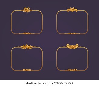Game user interface design with golden frames. Gold vector frames set. Frame template in antique medieval style. Heraldry elements, ornamental border, elegant vintage, cartoon, isolated set.