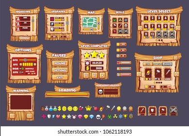 Game User Interface Design / Illustration of a funny 
graphic gui background, in cartoon style with basic buttons
 and functions, status bar, for creating game

