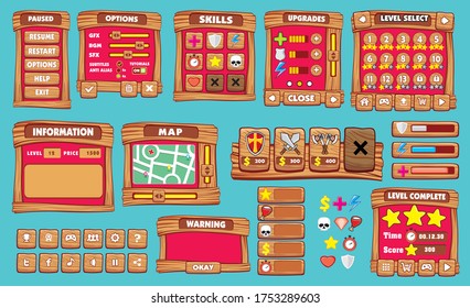 Game User Interface Design, Illustration of a funny 
graphic gui background, in cartoon style with basic buttons
 and functions, status bar, for creating mobile game application