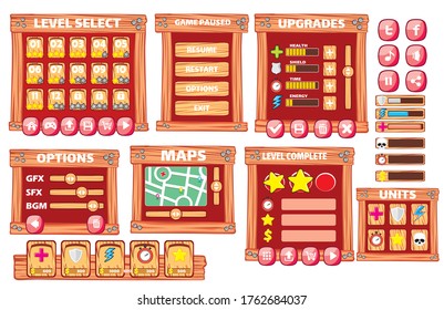 Game User Interface Design, Illustration of a funny 
graphic gui background, in cartoon style with basic buttons
 and functions, status bar, for creating game